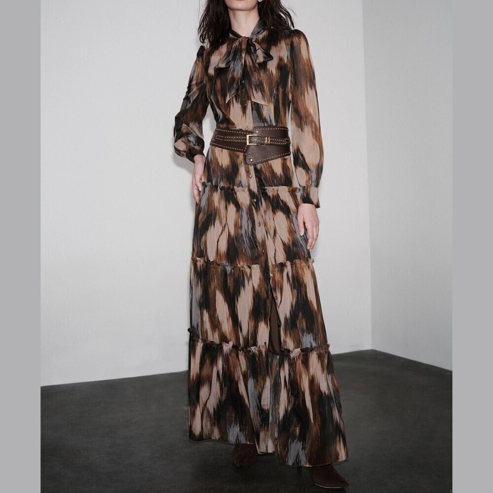 Brown Ikat Print Tie Neck Button Front Tiered Maxi Shirt Dress